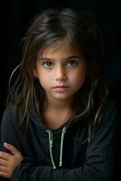 un' giovane ragazza con lungo capelli e blu occhi generativo ai foto