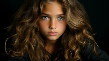 un' giovane ragazza con lungo Marrone capelli e verde occhi generativo ai foto