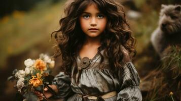 un' giovane ragazza con lungo capelli e fiori nel sua mano generativo ai foto