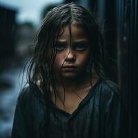 un' giovane ragazza con bagnato capelli in piedi nel il pioggia generativo ai foto