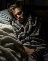 un' giovane uomo è addormentato nel letto con un' coperta generativo ai foto