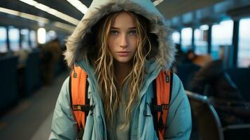 un' giovane donna nel un' cappotto e cappello su un' treno generativo ai foto