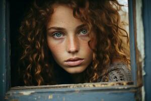 un' giovane donna con Riccio capelli guardare su un' finestra generativo ai foto