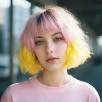 un' giovane donna con rosa e giallo capelli generativo ai foto