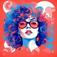 un illustrazione di un' donna con bicchieri e Riccio capelli generativo ai foto