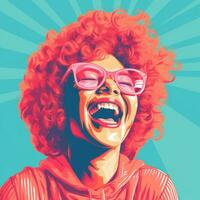 un illustrazione di un' donna con rosso Riccio capelli e bicchieri generativo ai foto