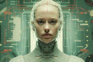 un Immagine di un' donna nel un' futuristico completo da uomo generativo ai foto