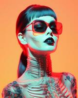 un Immagine di un' donna indossare occhiali da sole e un' scheletro tatuaggio generativo ai foto