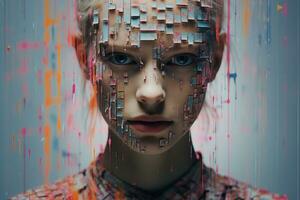 un Immagine di un' donna con colorato dipingere su sua viso generativo ai foto