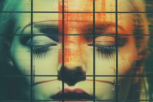 un Immagine di un' donna con sua occhi chiuso nel davanti di barre generativo ai foto