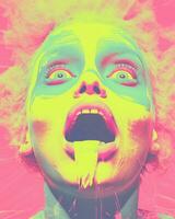 un Immagine di un' donna con neon dipingere su sua viso generativo ai foto