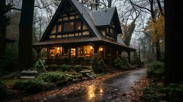 un vecchio Casa nel il boschi con un' leggero splendente su esso generativo ai foto