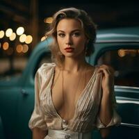 bellissimo bionda donna in posa nel davanti di un vecchio auto a notte generativo ai foto