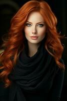 bellissimo testa Rossa donna con lungo capelli e nero sciarpa generativo ai foto