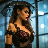 bellissimo donna nel nero biancheria intima con un ombrello nel il pioggia generativo ai foto