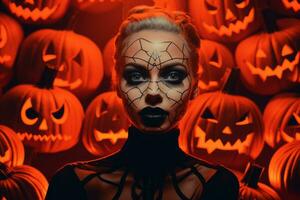 bellissimo donna nel Halloween trucco circondato di zucche generativo ai foto