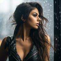 bellissimo donna con lungo capelli in piedi nel davanti di un' finestra nel il pioggia generativo ai foto