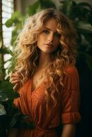 bellissimo donna con lungo Riccio capelli nel un arancia vestito generativo ai foto
