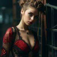 bellissimo giovane donna nel rosso biancheria intima in posa per il telecamera generativo ai foto