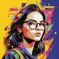 pop arte ritratto di un' bellissimo giovane donna con bicchieri su un' colorato sfondo generativo ai foto