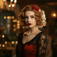 ritratto di un' bellissimo donna nel un' Vintage ▾ vestito e rosso cappello con perle e perle generativo ai foto