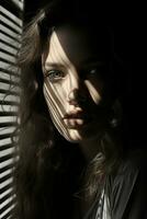 ritratto di un' bellissimo giovane donna con sua occhi chiuso di il finestra generativo ai foto