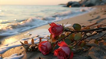 Rose su il spiaggia a tramonto generativo ai foto