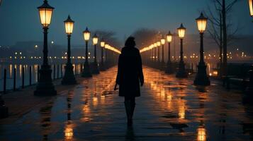 silhouette di un' donna a piedi su un' bagnato passerella a notte generativo ai foto