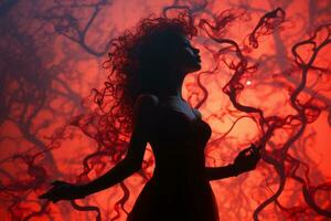 silhouette di un' donna con rosso capelli in piedi nel davanti di rosso Fumo generativo ai foto