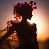 silhouette di un' donna con fiori nel sua capelli a tramonto generativo ai foto