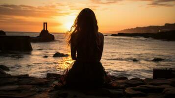 il silhouette di un' donna seduta su un' roccia a tramonto generativo ai foto