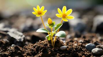 Due giallo fiori in crescita su di il terra generativo ai foto