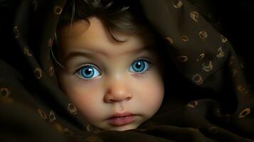 un' bambino con blu occhi sotto un' coperta generativo ai foto