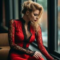 un' bellissimo bionda donna nel un' rosso vestito seduta di il finestra generativo ai foto