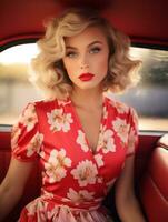 un' bellissimo bionda donna nel un' rosso vestito seduta nel il indietro posto a sedere di un vecchio auto generativo ai foto