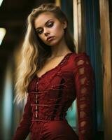 un' bellissimo bionda donna nel un' rosso vestito generativo ai foto