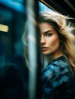 un' bellissimo bionda donna è guardare su il finestra di un' treno generativo ai foto