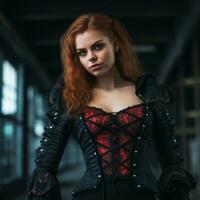 un' bellissimo rosso dai capelli donna nel un' nero e rosso corsetto generativo ai foto