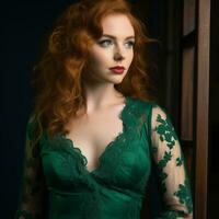 un' bellissimo rosso dai capelli donna nel un' verde vestito generativo ai foto
