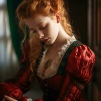 un' bellissimo rosso dai capelli donna nel un' rosso vestito generativo ai foto