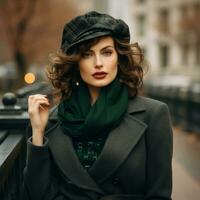 un' bellissimo donna nel un' verde cappello e cappotto generativo ai foto