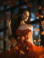 un' bellissimo donna nel un arancia vestito in piedi nel davanti di un' albero generativo ai foto