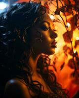 un' bellissimo donna con lungo Riccio capelli nel davanti di un' fuoco generativo ai foto