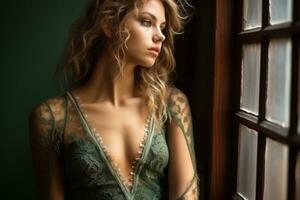 un' bellissimo giovane donna nel un' verde vestito guardare su il finestra generativo ai foto
