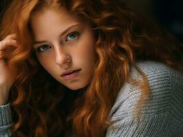 un' bellissimo giovane donna con lungo rosso capelli e blu occhi generativo ai foto