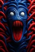 un' blu e rosso alieno testa con rosso occhi generativo ai foto