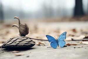 un' blu farfalla si siede su superiore di un' pino cono generativo ai foto
