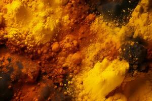 un' vicino su Immagine di un' mucchio di giallo e arancia colorato polvere generativo ai foto