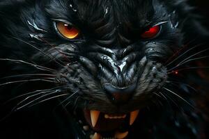 un' vicino su di un' nero gatto con rosso occhi generativo ai foto