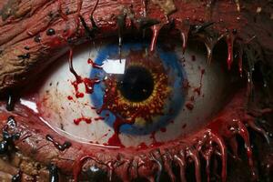 un' vicino su di un' sanguinoso occhio con sangue su esso generativo ai foto